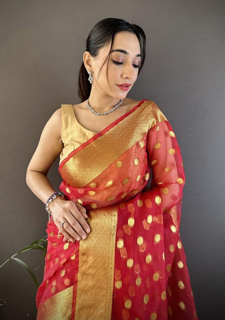Red Zari Printed Blended Saree Set - Indya