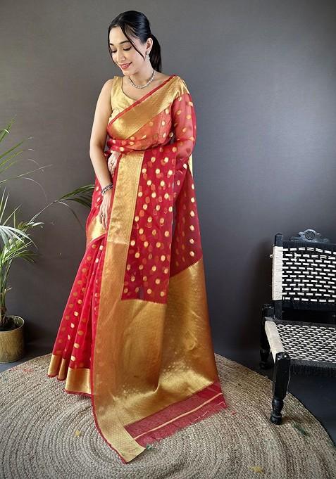 Red Zari Printed Blended Saree Set