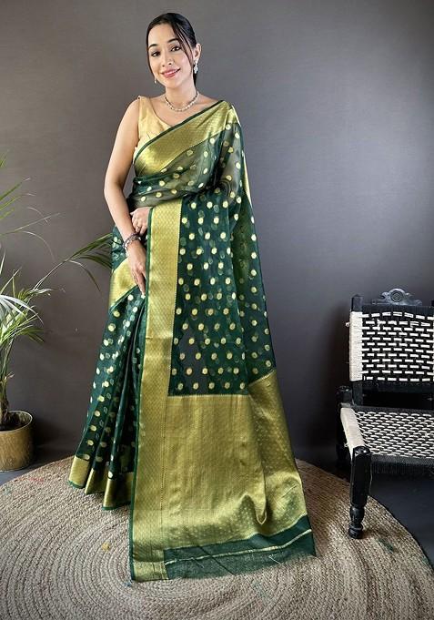Green Zari Printed Blended Saree Set