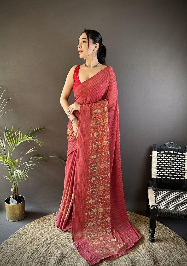 Peach Embellished Blended Saree Set - Indya