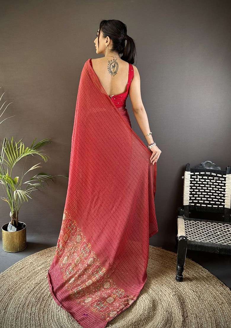 Peach Embellished Blended Saree Set for Diwali | Wedding & Festive Wear - Indya