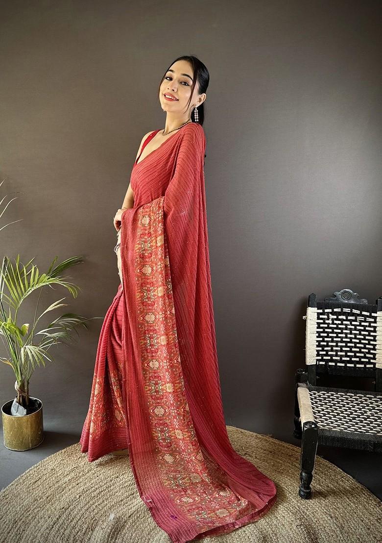 Peach Embellished Blended Saree Set - Indya