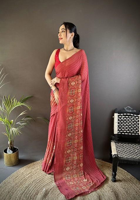 Peach Embellished Blended Saree Set