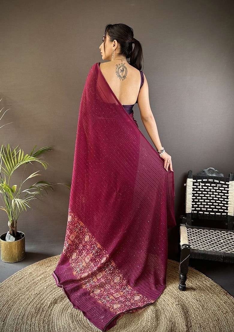 Purple Embellished Blended Saree Set for Diwali | Wedding & Festive Wear - Indya