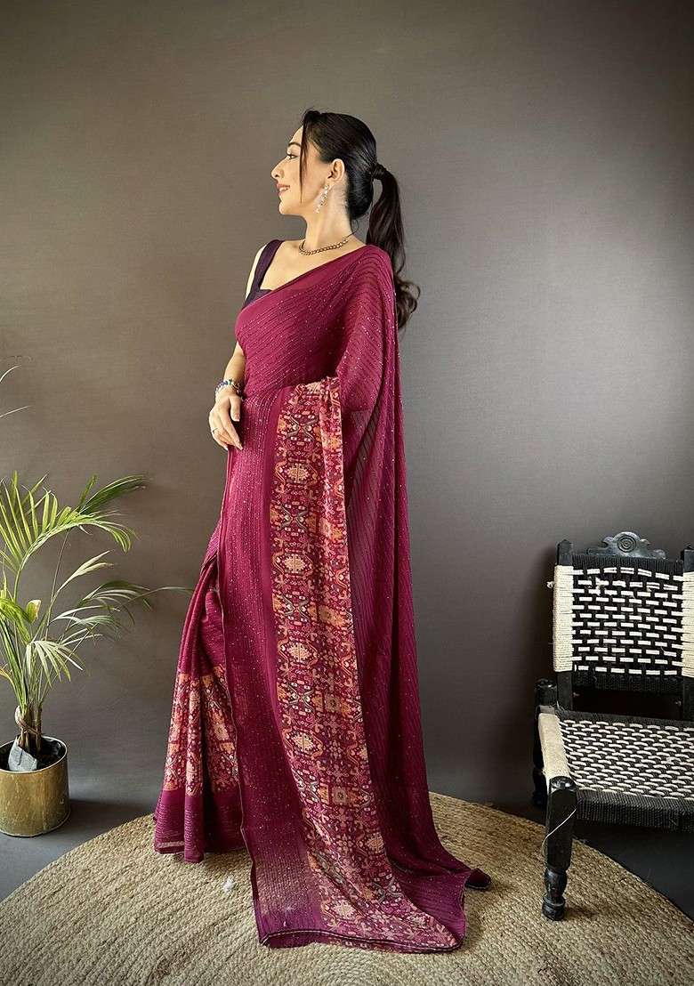 Purple Embellished Blended Saree Set for Diwali | Wedding & Festive Wear - Indya