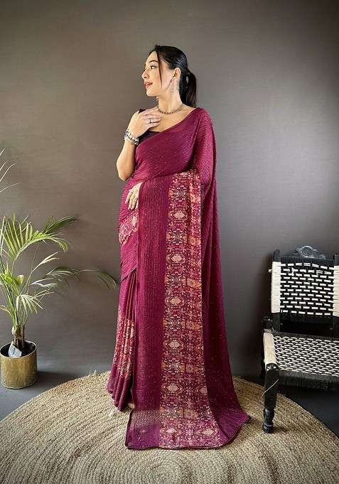 Purple Embellished Blended Saree Set for Diwali | Wedding & Festive Wear