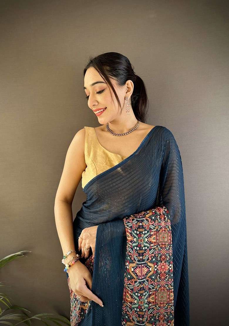 Blue Embellished Blended Saree Set for Diwali | Wedding & Festive Wear - Indya