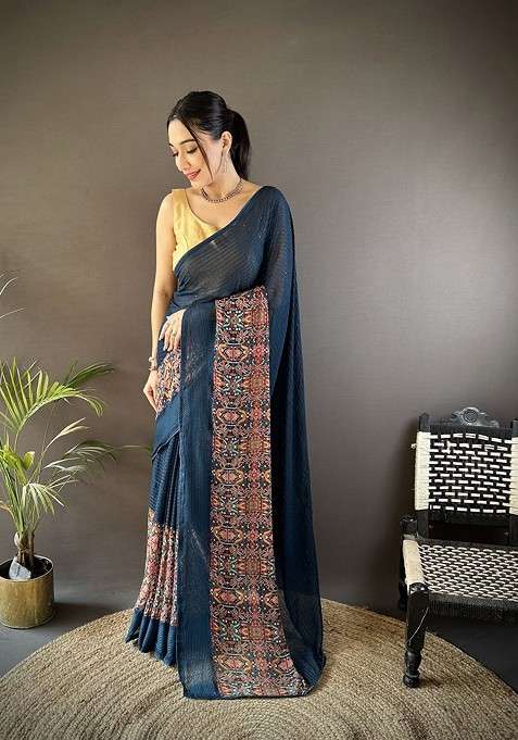 Blue Embellished Blended Saree Set for Diwali | Wedding & Festive Wear