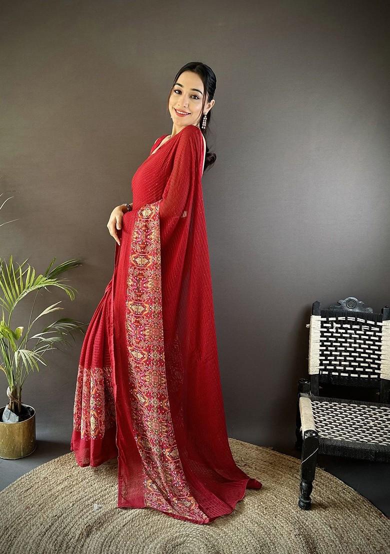 Red Sequinned Blended Saree Set - Indya
