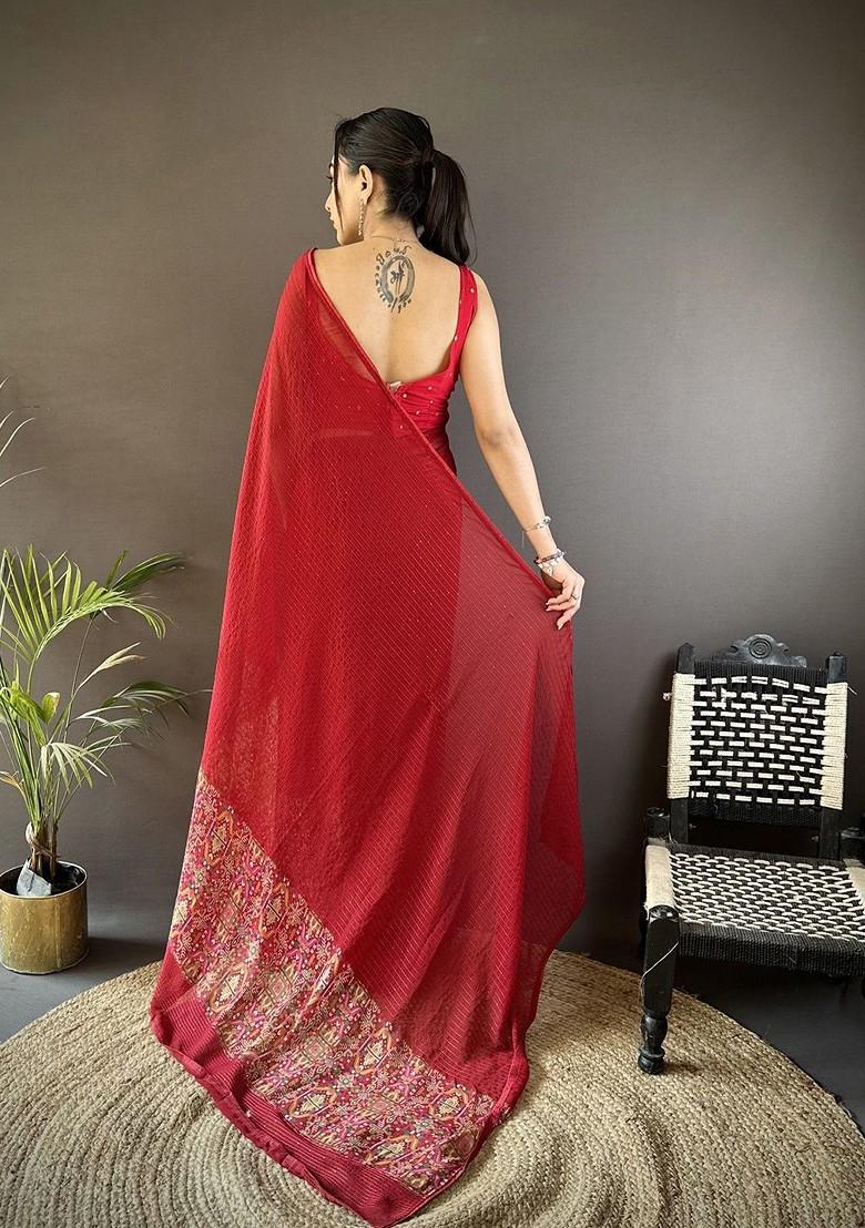 Red Sequinned Blended Saree Set - Indya