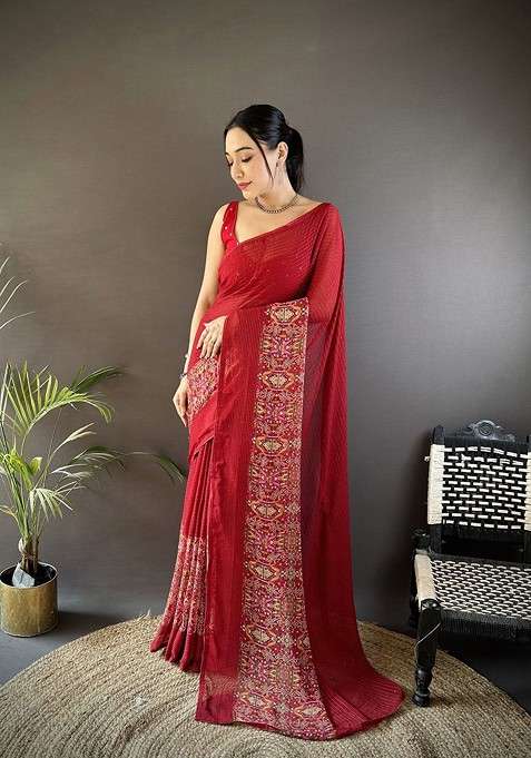 Red Sequinned Blended Saree Set for Diwali and Festive Wear