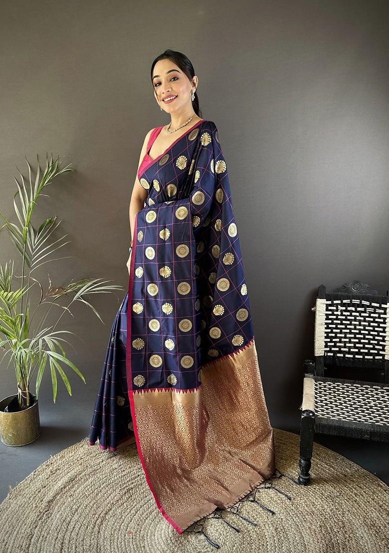 Blue Zari Printed Blended Saree Set - Indya