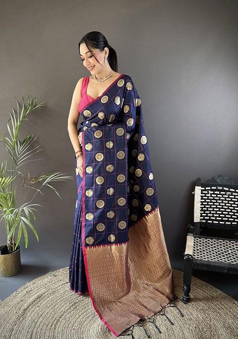 Blue Zari Printed Blended Saree Set