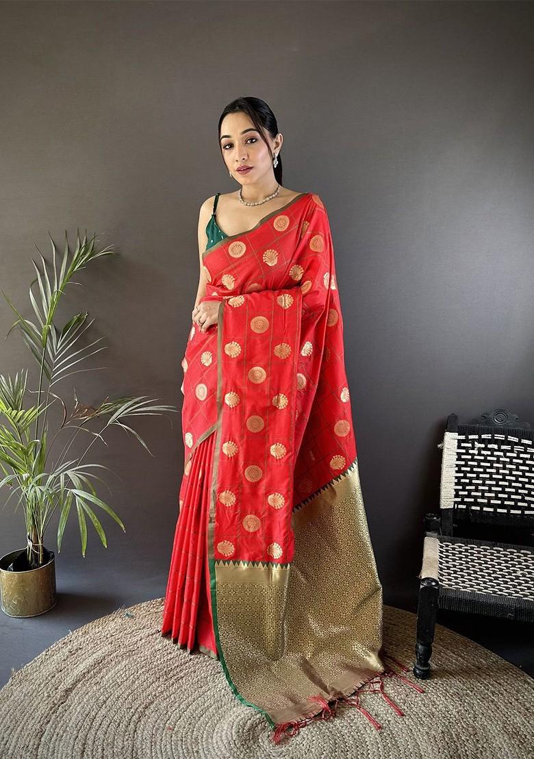 Red Zari Printed Blended Saree Set - Indya