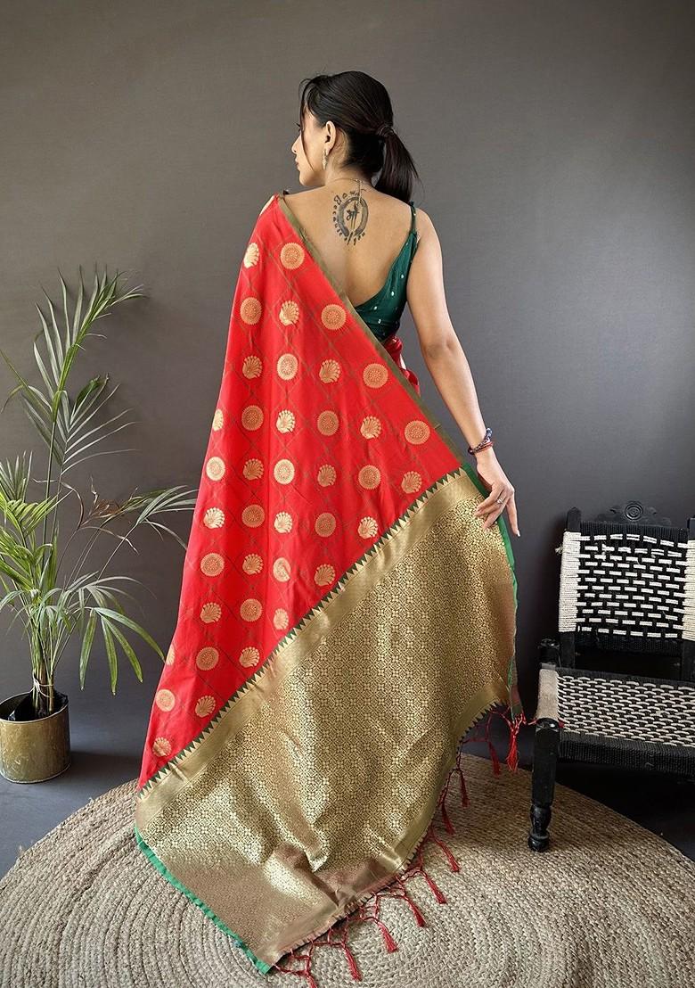 Red Zari Printed Blended Saree Set - Indya