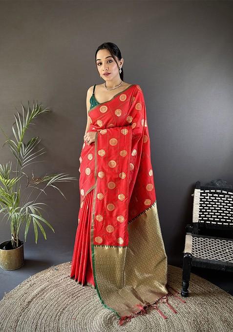 Red Zari Printed Blended Saree Set