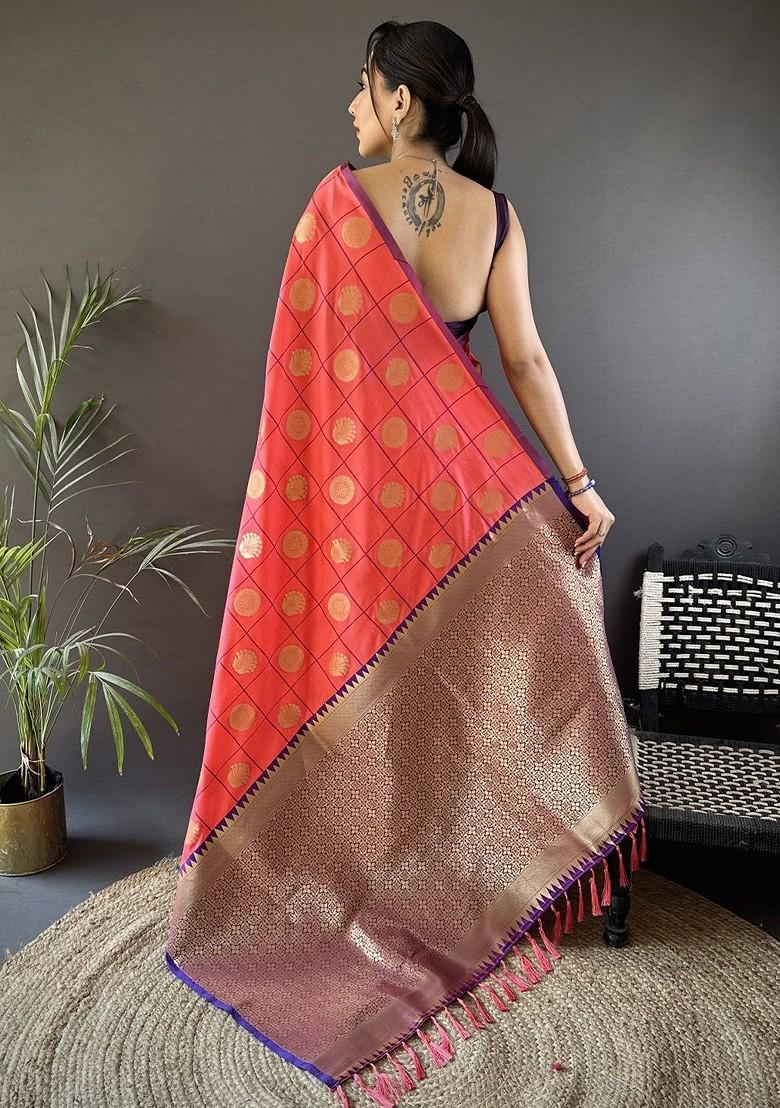 Pink Zari Printed Blended Saree Set - Indya