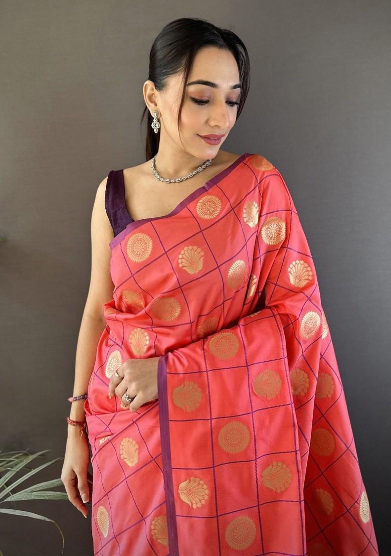 Pink Zari Printed Blended Saree Set - Indya