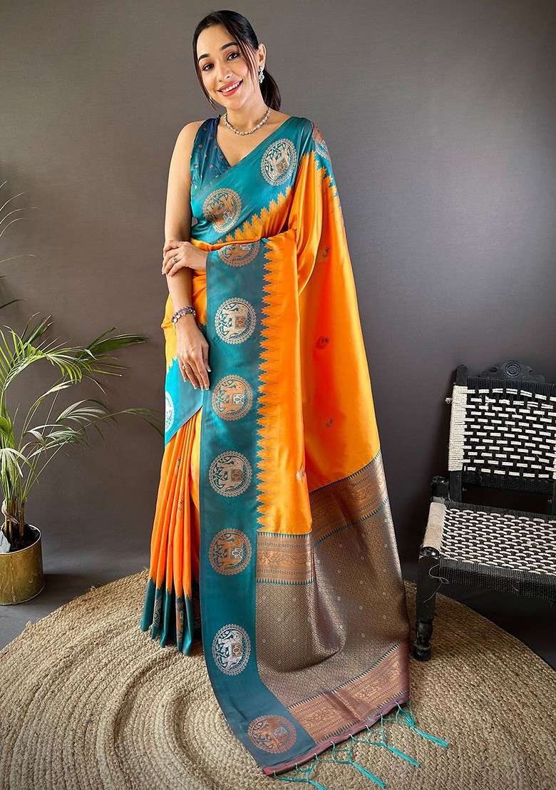 Orange Zari Blended Saree Set with Printed for Diwali | Wedding & Festive Wear - Indya