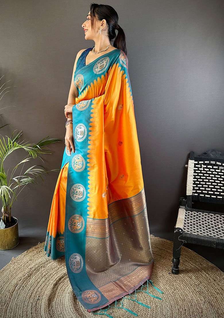 Orange Zari Blended Saree Set with Printed for Diwali | Wedding & Festive Wear - Indya