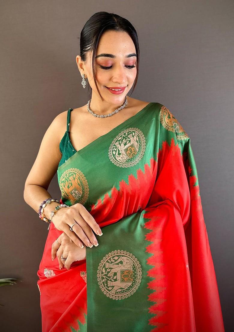 Red Zari Printed Blended Saree Set - Indya