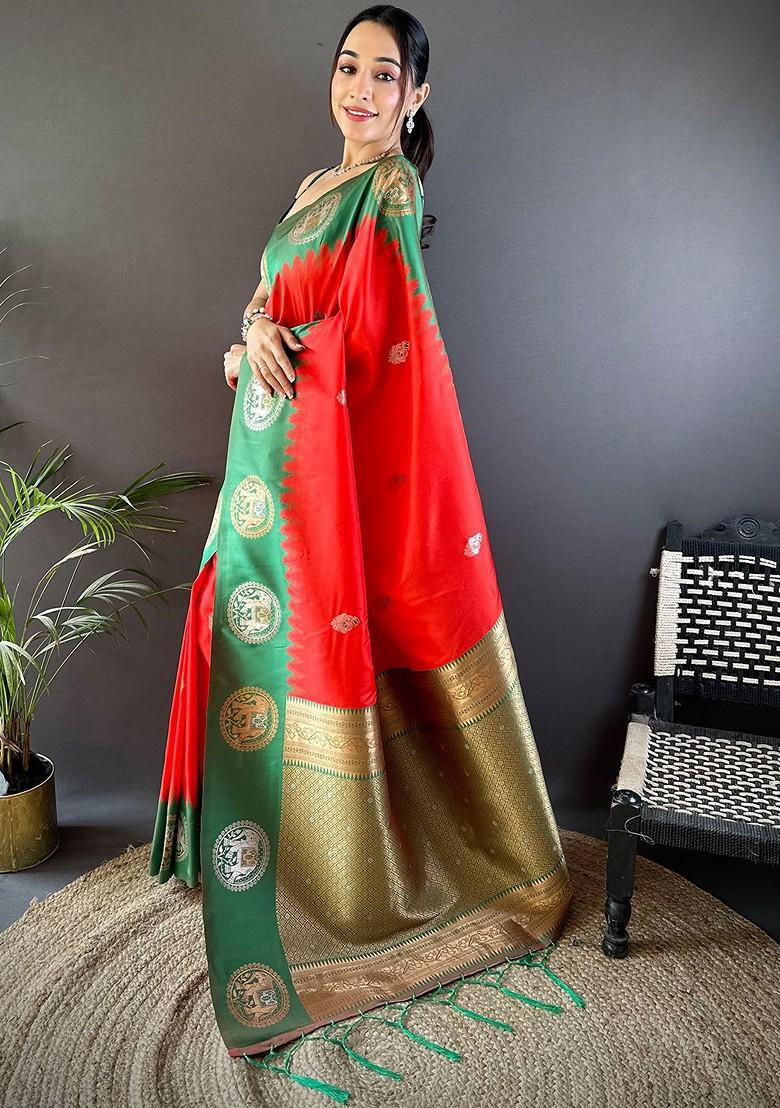 Red Zari Printed Blended Saree Set - Indya
