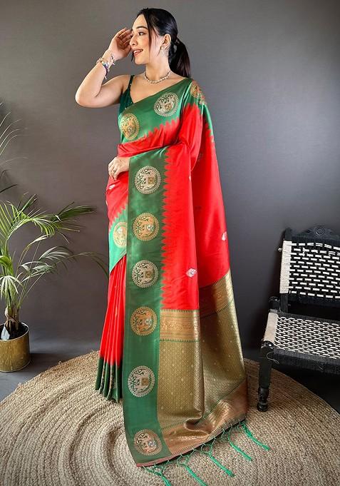 Red Zari Printed Blended Saree Set