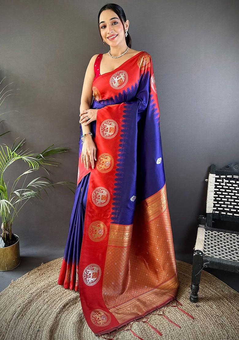 Blue Zari Printed Blended Saree Set - Indya