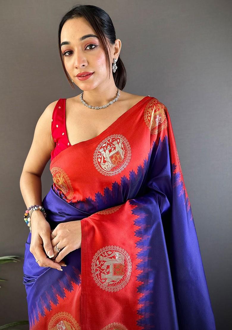 Blue Zari Printed Blended Saree Set - Indya