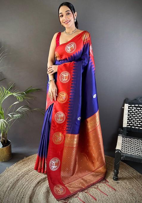 Blue Zari Printed Blended Saree Set