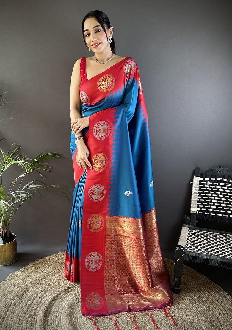Blue Zari Printed Blended Saree Set - Indya