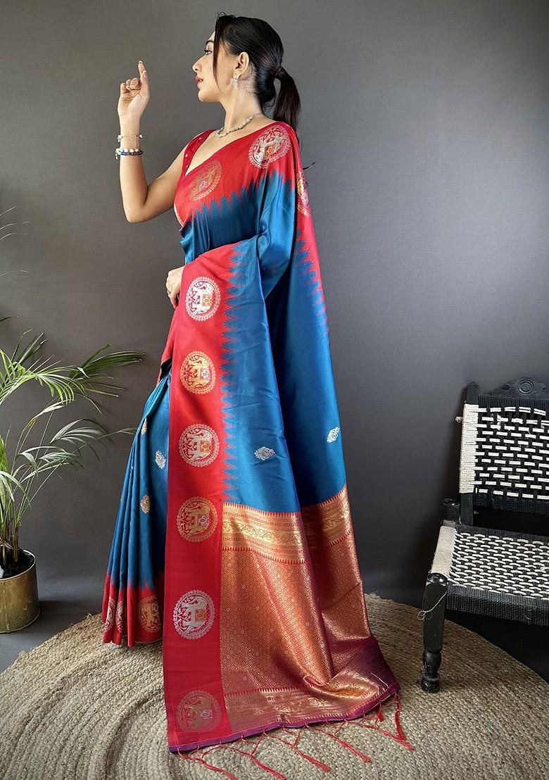 Blue Zari Printed Blended Saree Set - Indya