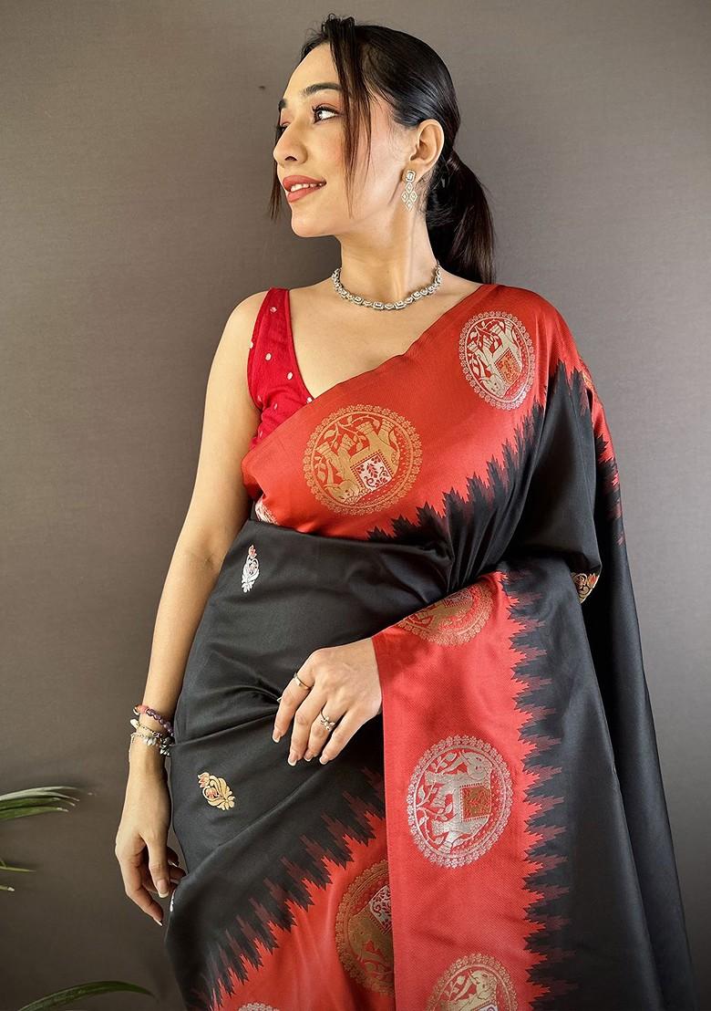 Black Zari Printed Blended Saree Set - Indya