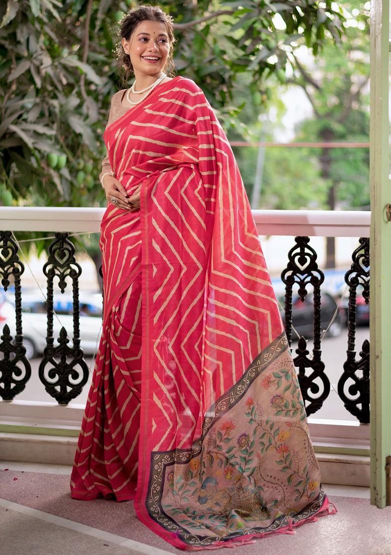 Pink Zari Printed Blended Saree Set - Indya