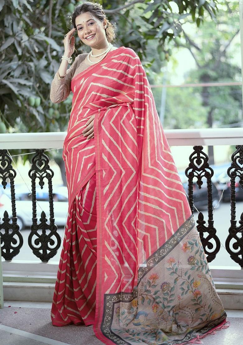 Pink Zari Printed Blended Saree Set - Indya