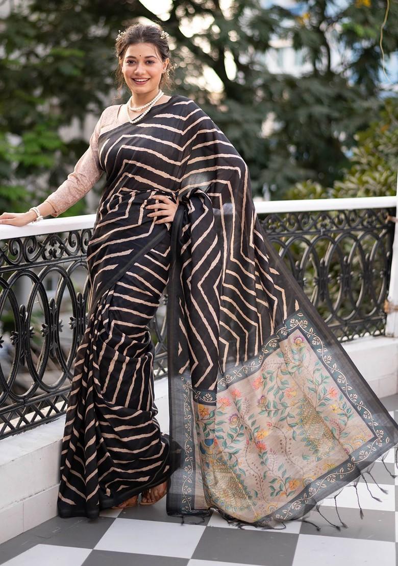 Black Embroidered Blended Saree Set - Indya