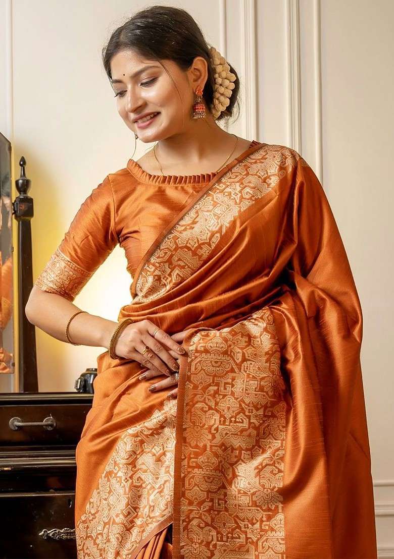 Orange Embroidered Blended Saree Set for Diwali and Festive Wear - Indya