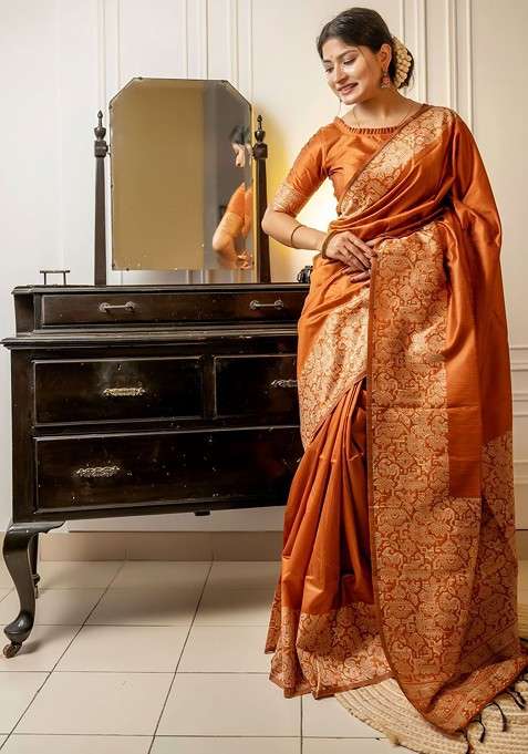 Orange Embroidered Blended Saree Set for Diwali and Festive Wear