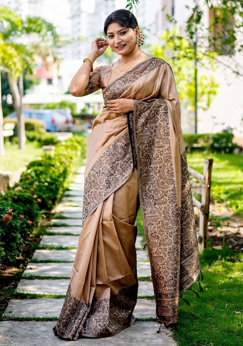 Beige Embroidered Blended Saree Set for Diwali and Festive Wear - Indya