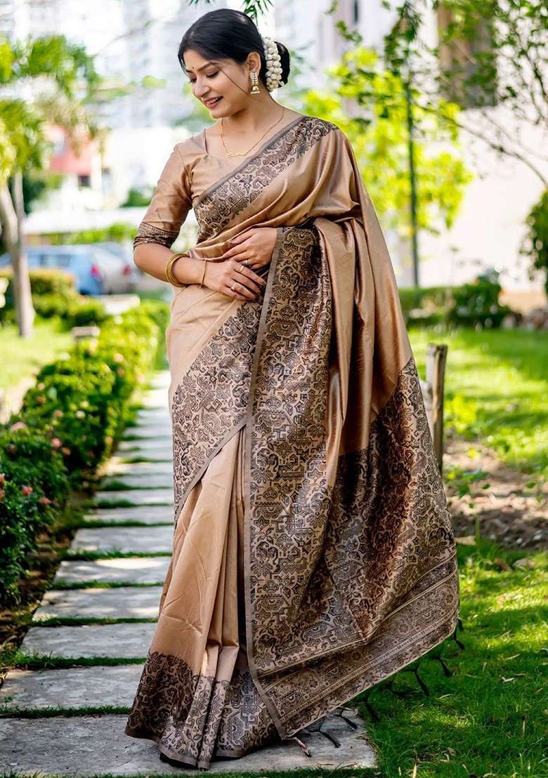 Beige Embroidered Blended Saree Set for Diwali and Festive Wear - Indya