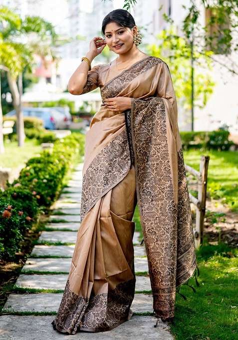 Beige Embroidered Blended Saree Set for Diwali and Festive Wear