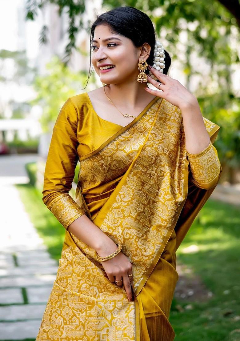 Yellow Zari Printed Blended Saree Set - Indya
