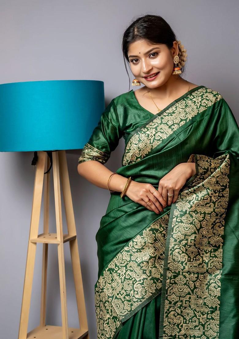 Green Zari Printed Blended Saree Set - Indya