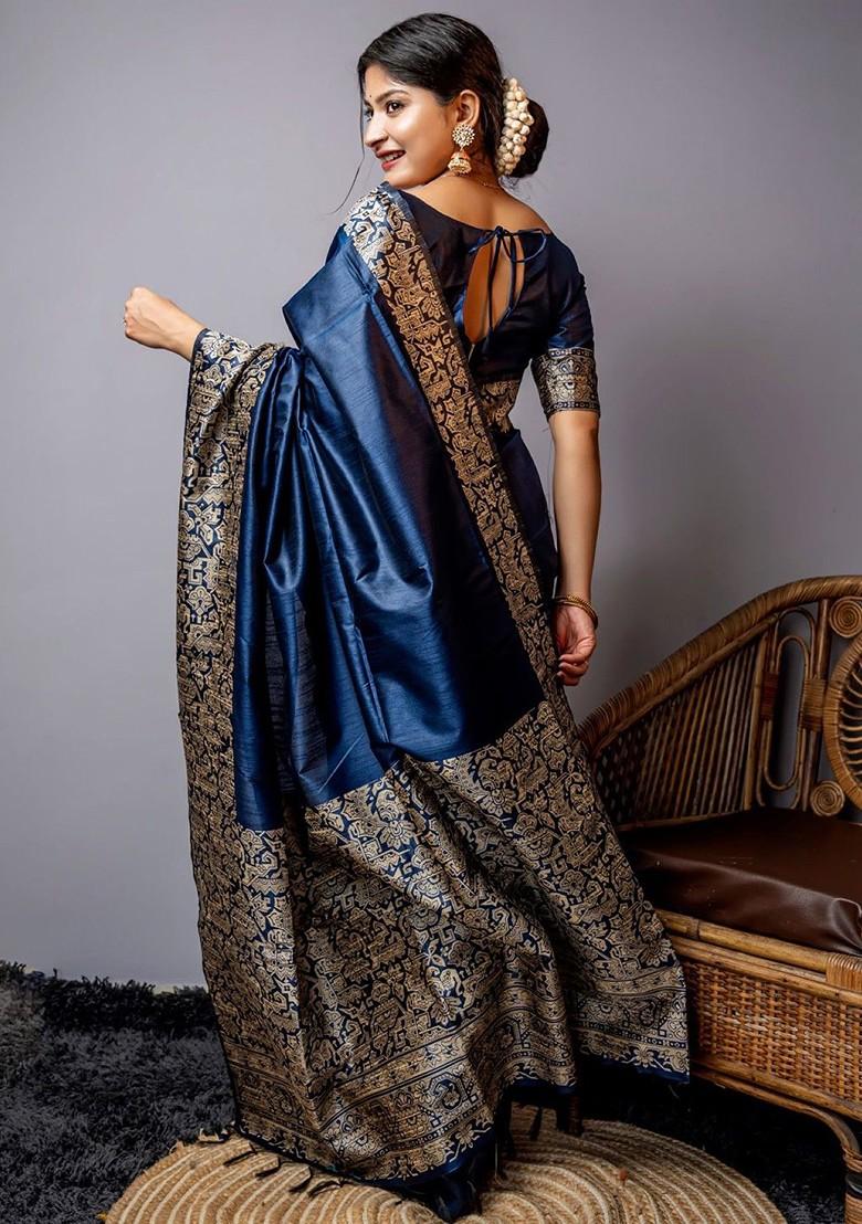 Blue Zari Printed Blended Saree Set - Indya