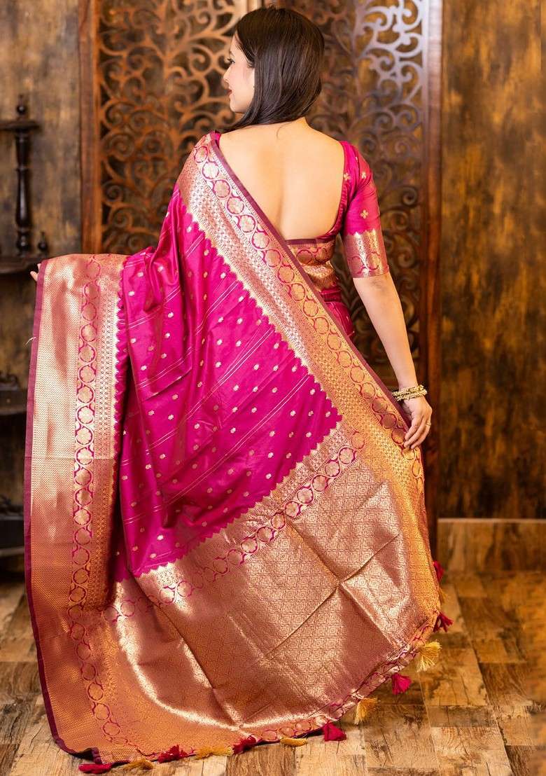Pink Zari Blended Saree Set with Printed for Diwali | Wedding & Festive Wear - Indya