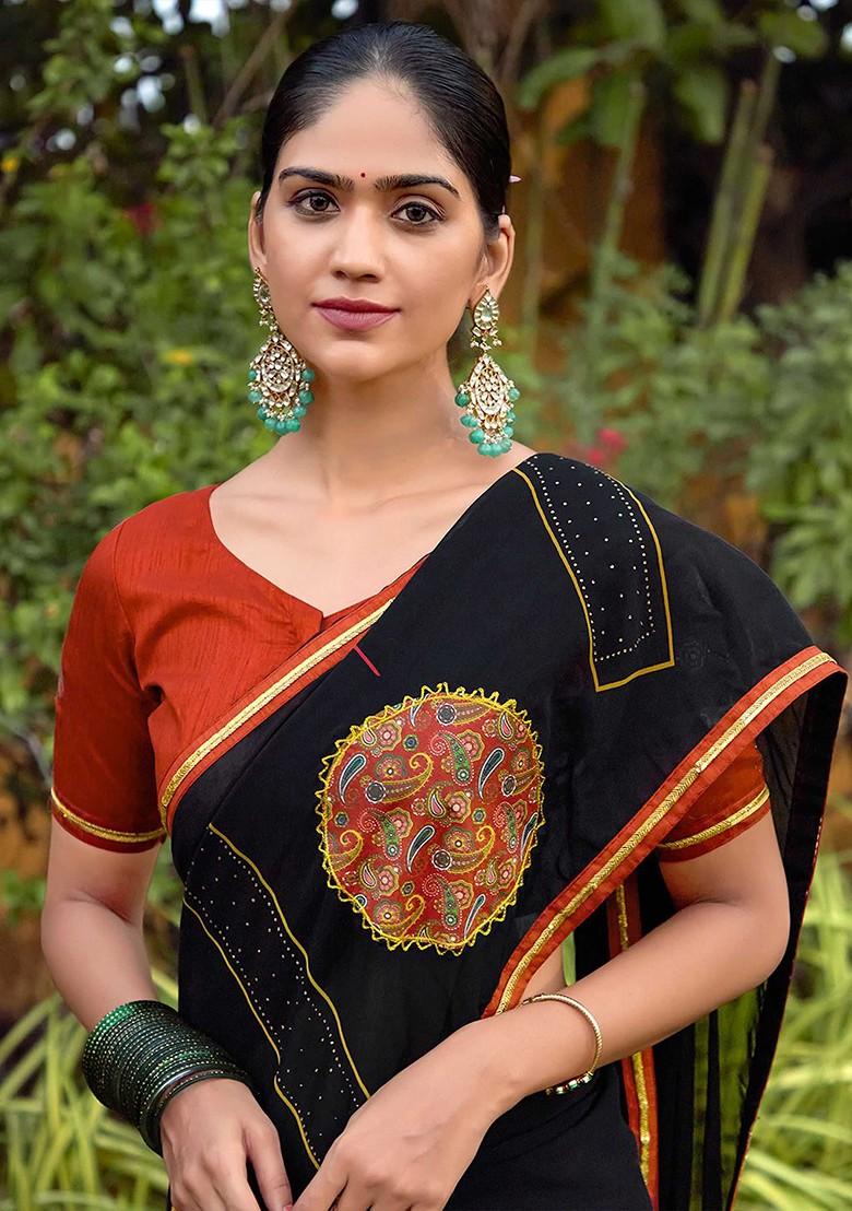 Black Embroidered Blended Saree Set - Indya