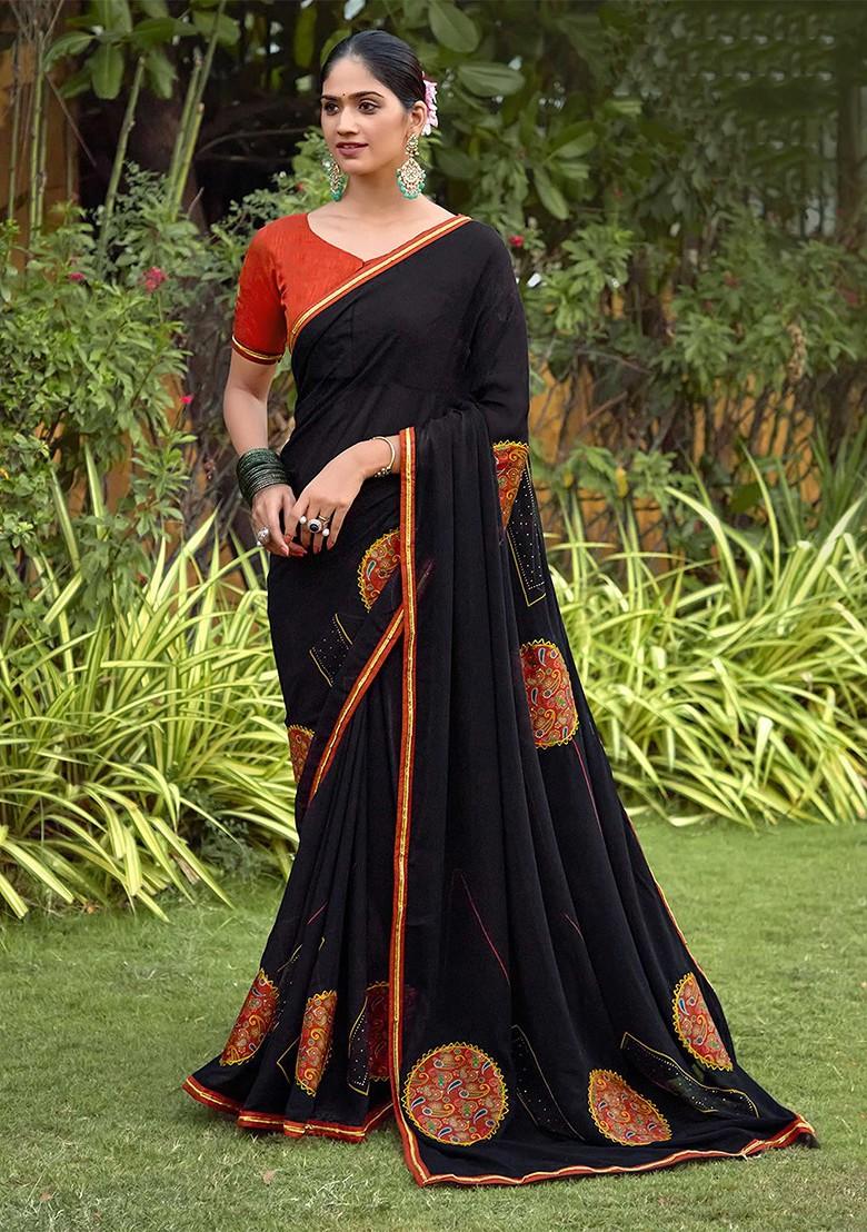 Black Embroidered Blended Saree Set - Indya