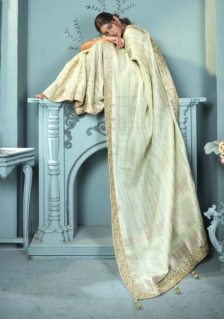 Green Striped Sequinned Blended Saree Set - Indya