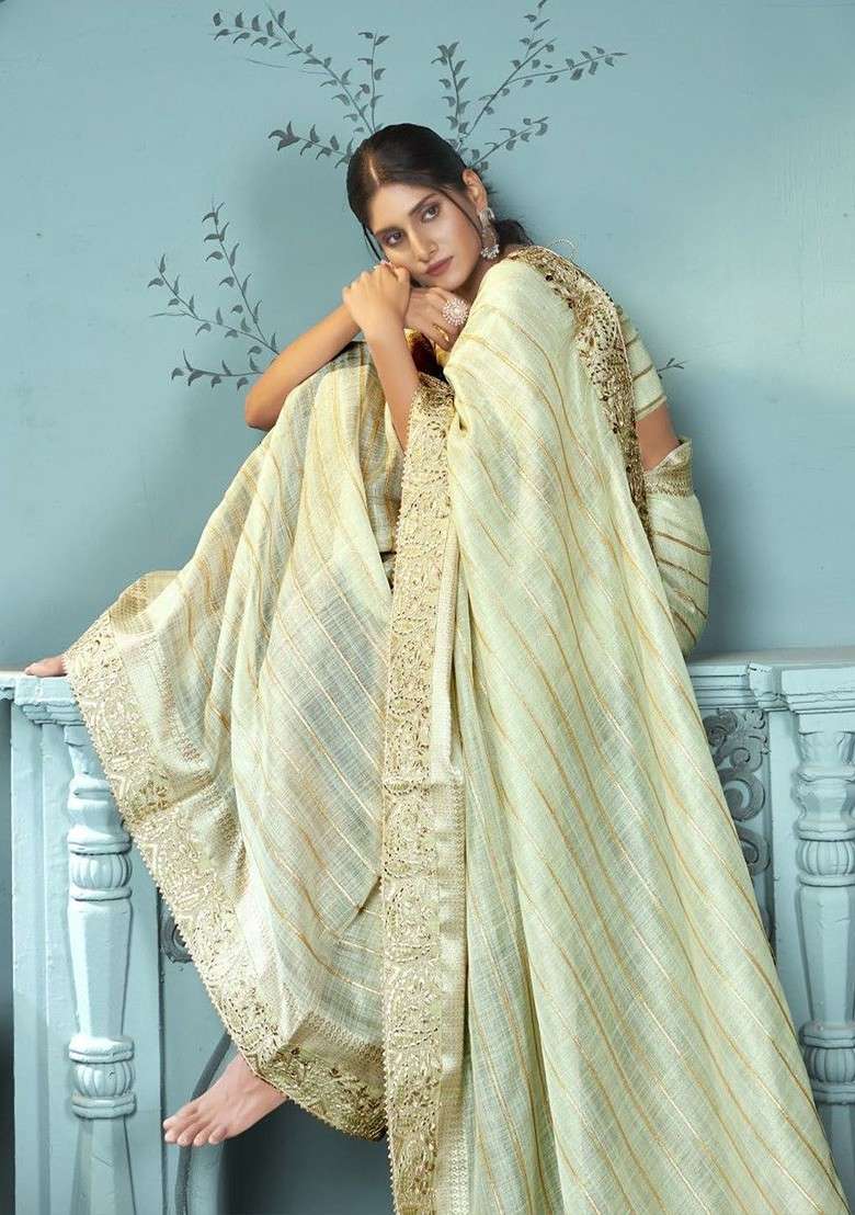 Green Striped Sequinned Blended Saree Set - Indya