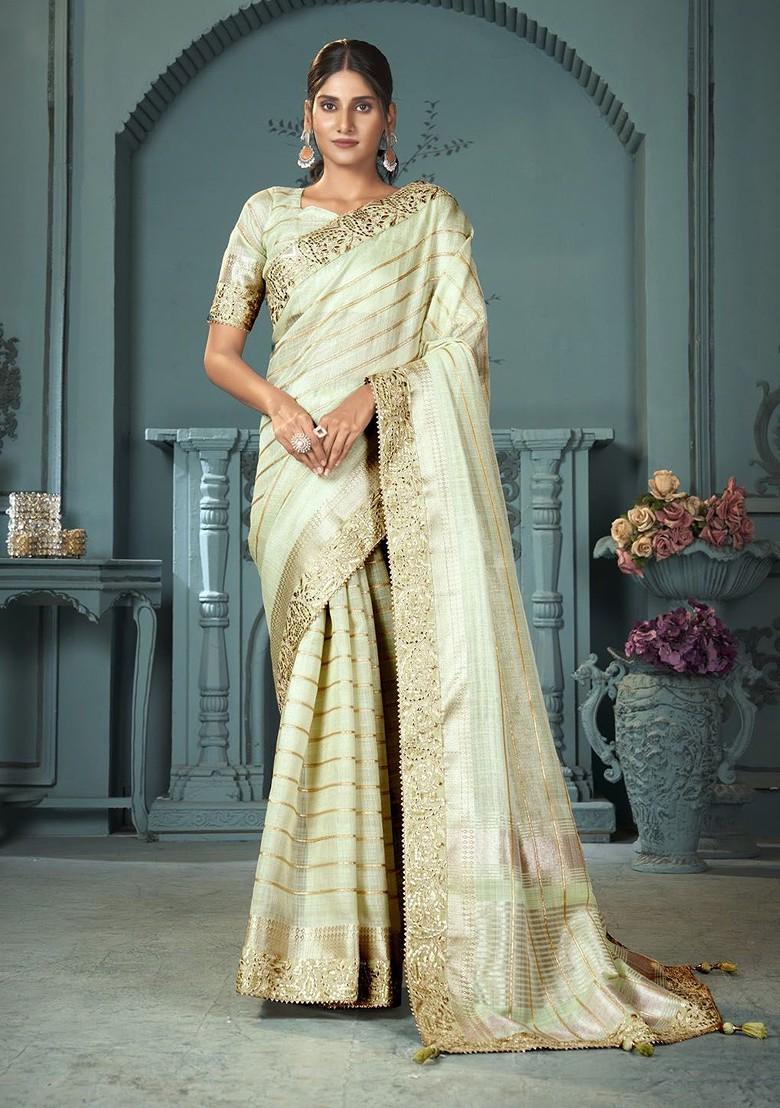 Green Striped Sequinned Blended Saree Set - Indya